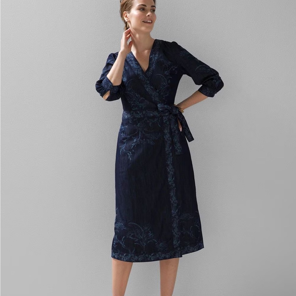 WHBM FLORAL LASER PRINT DENIM WRAP MIDI DRESS BEAUTIFUL SLEEVES SEAM POCKETS 8